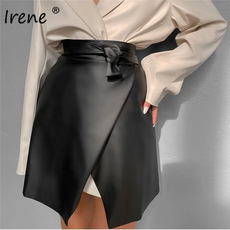 Черные кожаные обтягивающие юбки Irene с поясом модные трапециевидные мини высокой