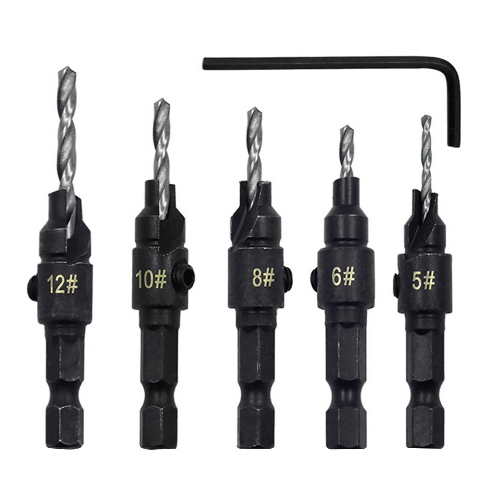 

5Pcs Countersink Drill Bits 1/4 Inch Hex Shank + 1Pc Hex Key Metal Woodworking Screw Holes