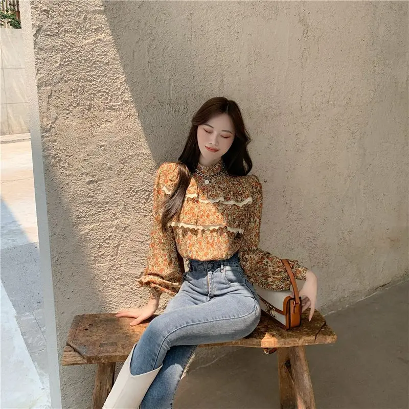 

COIGARSAM Vintage Loose blouse women New Floral Print Stand Neck blusas womens tops and blouses 6289