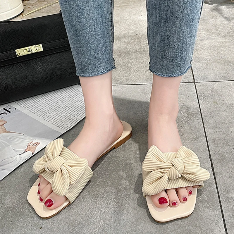 

Shoes Woman's Slippers Shale Female Beach Slides Fashion Butterfly-Knot 2021 Summer Sabot Flat Luxury Rubber PU Butterfly-knot
