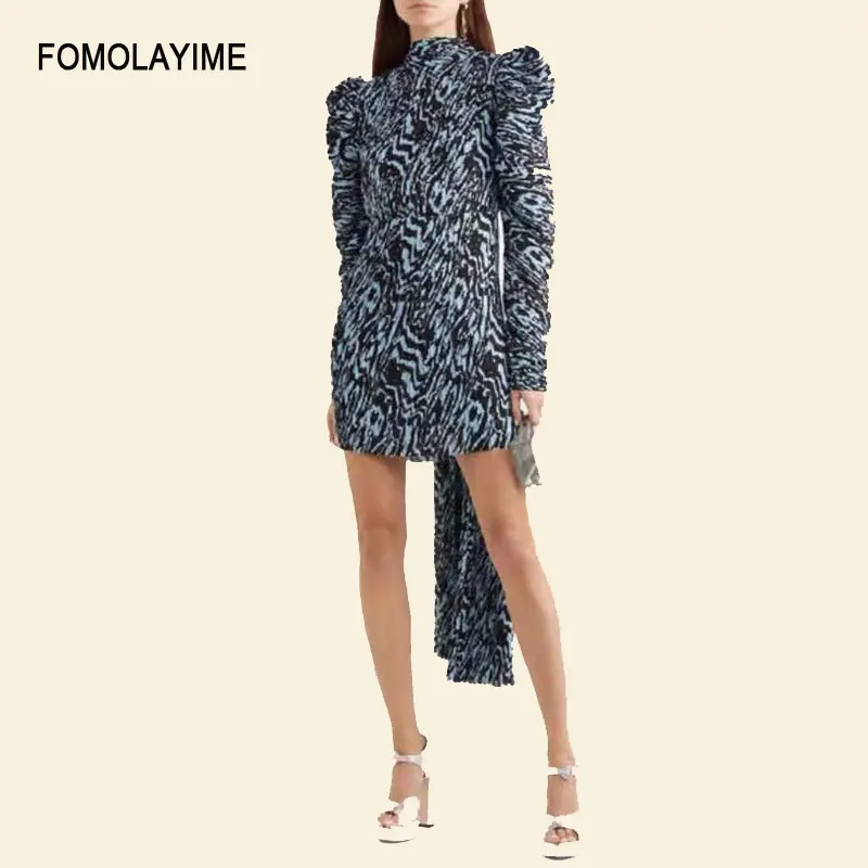 Женские платья с круглым вырезом длинными рукавами и принтом весна 2020|Женские