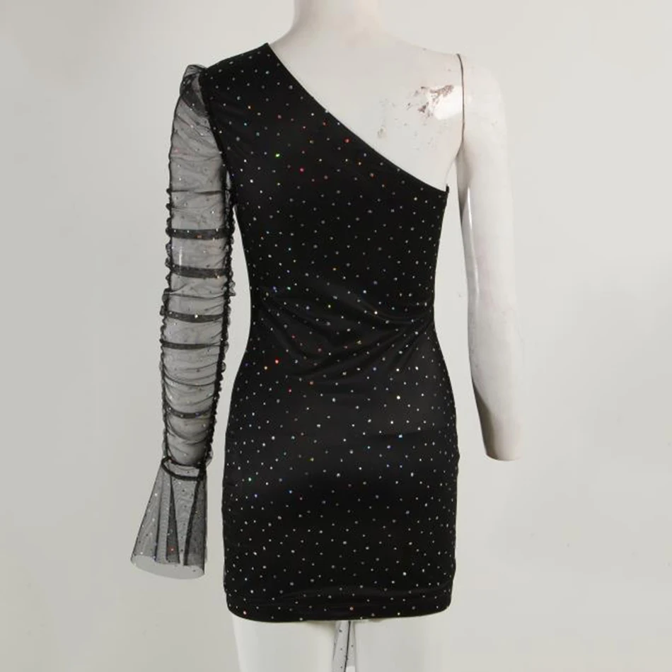 

2020 New Women'S Glitter Sexy One-Shoulder Neckline One-Shoulder Perspective Mesh Pleated Long Sleeve Bodycon Mini Dress