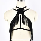 Черный бюстгальтер с кисточками на бретелях, сексуальное бондажное белье, женский пояс с цветочным воротником, женский бюстгальтер в готическом стиле-панк на бретелях с открытой грудью и клеткой