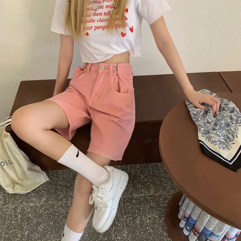 Популярные летние женские джинсовые шорты с завышенной талией розовые для