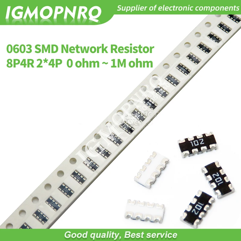 

100pcs 0603 2*4 8P4R 2*4P 5% Network Resistor SMD array 0 ohm ~ 910K 2K 2.2K 4.7K 10K 22K 47K 100K 1M 1 10 100 220 470 ohms