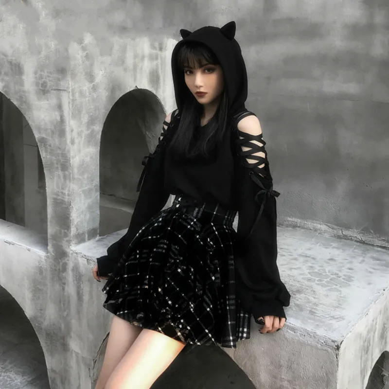 2021 Harajuku худи с кошачьими ушами Толстовка женские готические толстовки осень зима