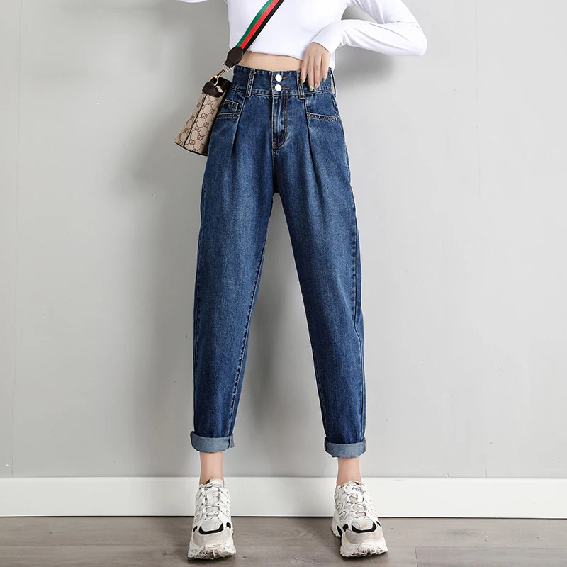 

Gray Mom Jeanswoman High Waist Pleated Button Street Style Plus Size Denim Vintage Harem Pants Boyfriend Jean Blue 2021 Fashion