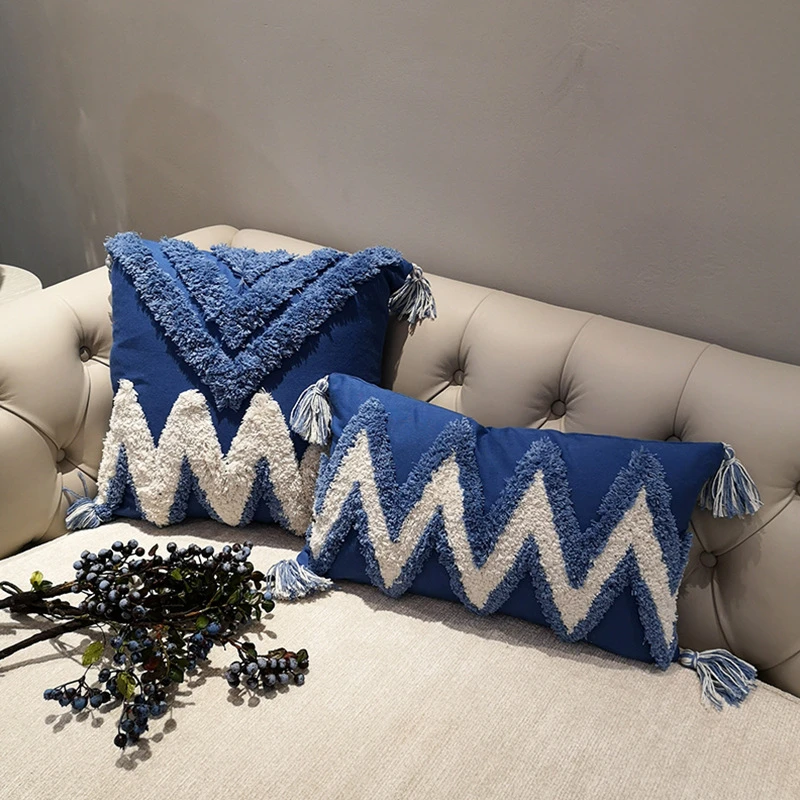 

Moroccan Handmade Cushion Cover Boho Style Pillow Cases Abstract Zigzag Navy Blue Pillow Cover Home Decor Car Sofa Decoration