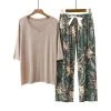 2 pieces nightwear set female solid color round neck short sleeve tops floral print pyjama trousers for summer fall