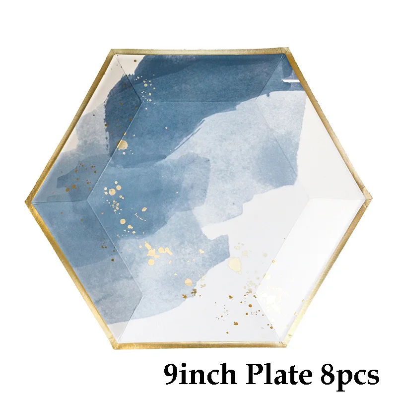 9inch plate 8pcs Одноразовая посуда, синяя Акварельная большая бумажная тарелка, высококачественные вечерние тарелки для декора, полосатая чашка, салфетка на день рождения, свадебные принадлежности - Цвет: 9inch plate 8pcs