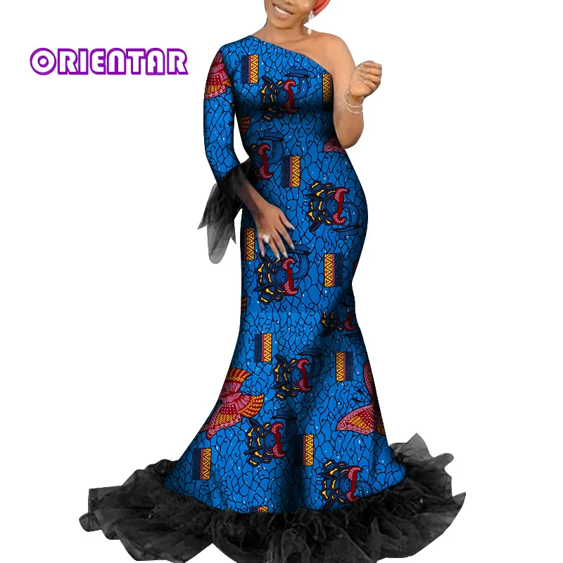 2020 African Dresses for Women Plus Size Long Ankara Dress Party Gowns with Black Yarn One Shoulder African Dress WY6685