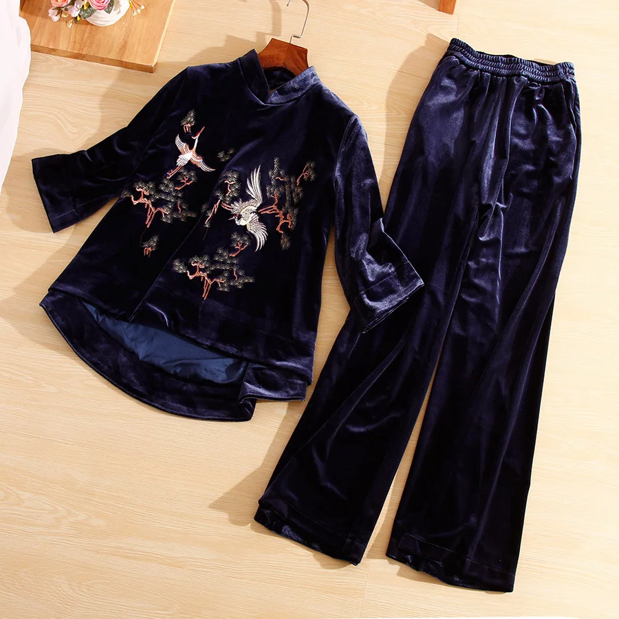 

High-end floral women vintage embroidery coat top + blue pants flowers elegant lady casual velvet suit set S-XXL