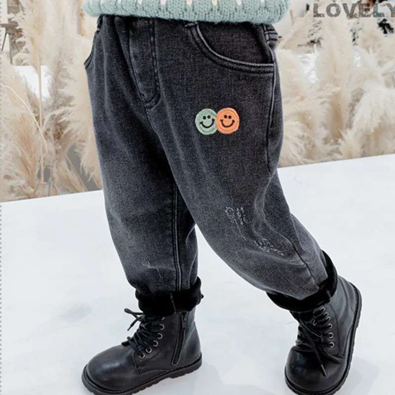 

DFXD зимние детские штаны для мальчиков и девочек улыбающееся лицо флисовые утепленные джинсы повседневные Длинные свободные джинсовые брюк...