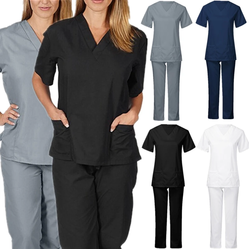 

Women Men Workwear Short Sleeve V-neck Tops+pants Nursing Working Uniform Beauty Salon Suit Scrub Uniform Overalls Clothes