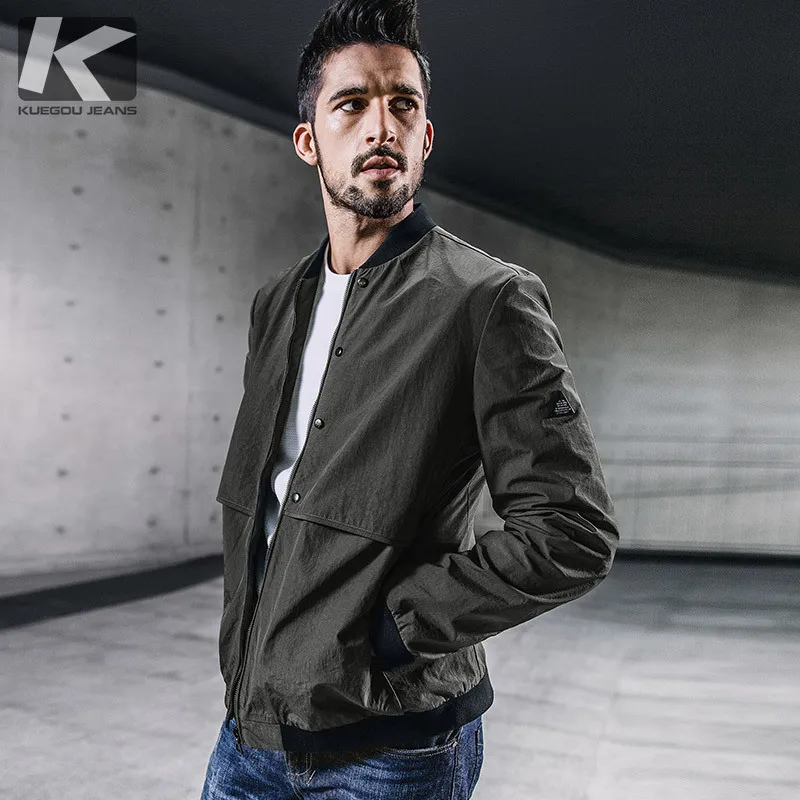 Мужская приталенная куртка KUEGOU зеленая в стиле пэчворк осень 0759|autumn men's jacket|brand