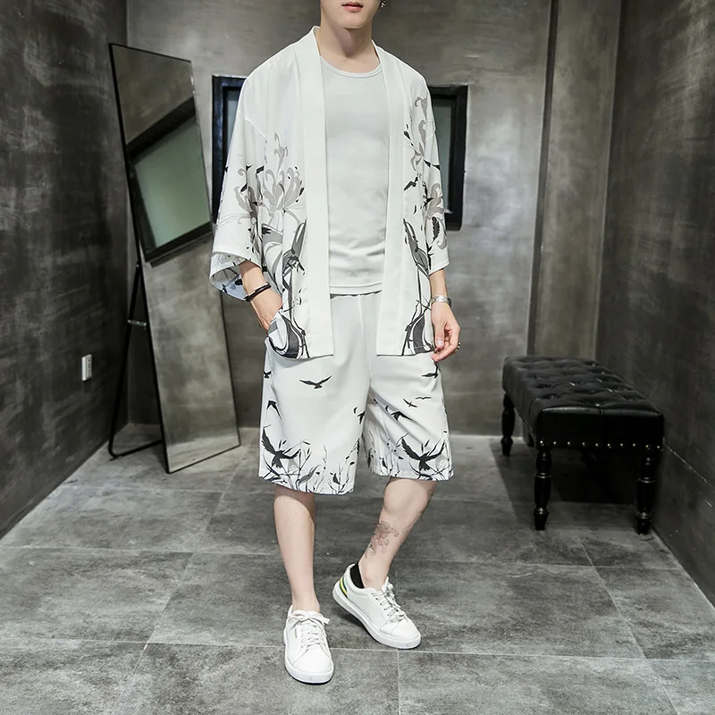 

Hot Sale 2021 Summer New Chinese Style Suit Men's Fashion Casual Kimono Two-piece Suit Mens Clothing