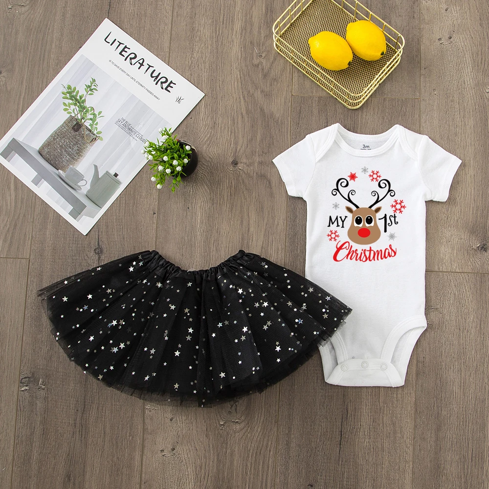 Newborn Baby First Christmas Bodysuit + Lovely Fluffy Soft Tulle Tutu Skirt Clothing Set Fashion Infant Bebe Navidad Ropa |