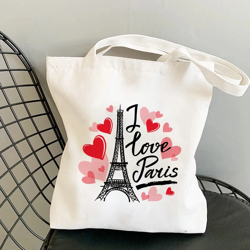 

I Love Paris Print Shopper Bags Shopping Bag Tote Bag Canvas Bags Female Cotton Cloth Shoulder Bag Eco Handbag Reusable Grocery