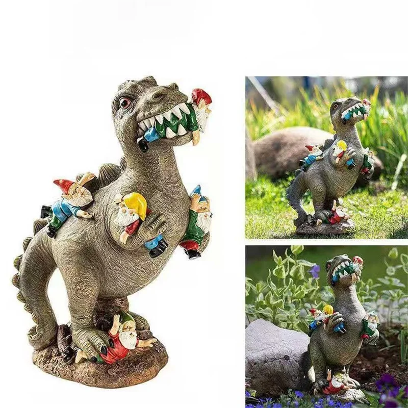 

Dinosaur Dwarf Garden Statue Jurassic Art Garden Decoration Dinosaurs Eat Dwarf Resin Ornaments