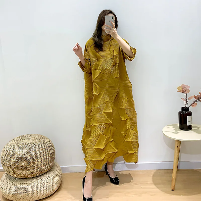 

Long Dresses For Women Plus Size 45-75KG Elastic Miyake Pleats Spring Turtleneck Three Quarter Sleeves Solid Color Loose Clothes