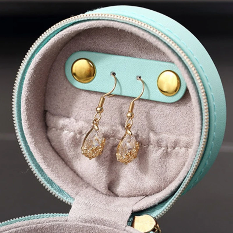 

Portable Jewelry Box Storage Organizer PU Leather Small Round Jewellery Case Rings Earrings Zipper Box