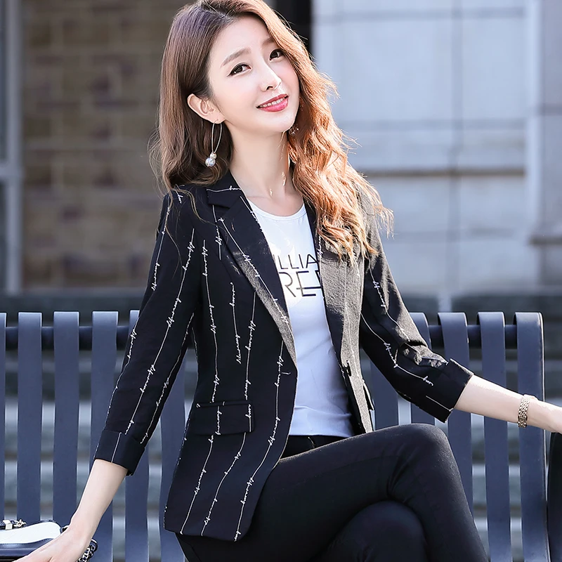 

Black Women Blazer 2021 Formal Blazers Lady stripe Suit Pockets Jackets Coat Slim Black Women Blazer Femme Jackets Femme 722e