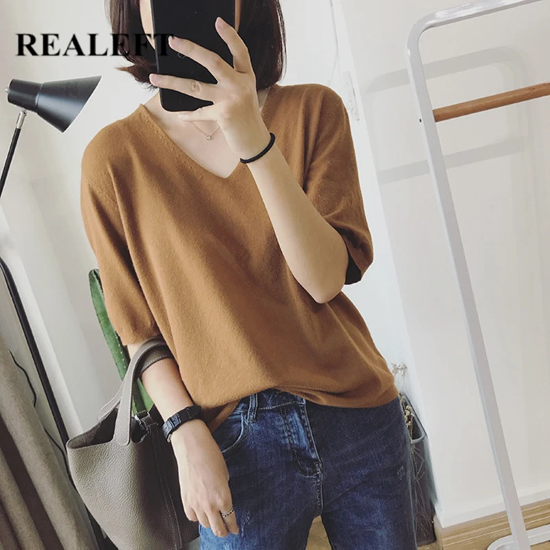

REALEFT 2021 New Summer Knitted Women's T-Shirts Half Sleeve Solid Basic Bottoming V-Neck Casual Loose Female Shirts Tops Tee