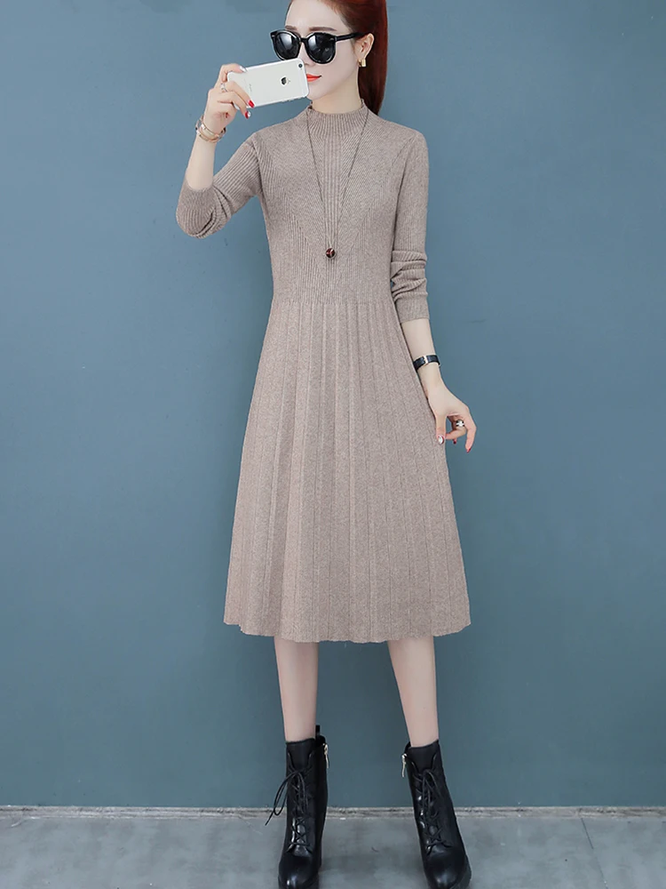 apricot Ordinary Повседневное 4XL размера плюс плотный Высокий воротник тонкая талия женское вязаное платье халат Новое теплое зимнее рождественское платье-свитер средней длины - Цвет: apricot Ordinary