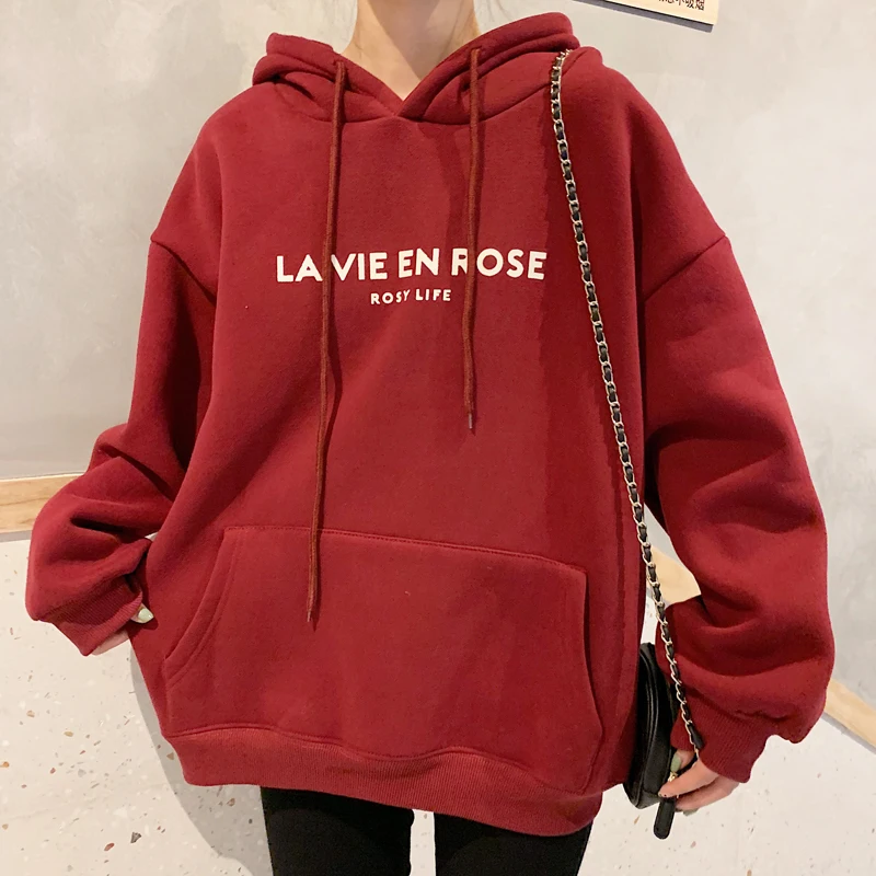 

Hoodies Women Harajuku letter Printed pocket Oversized Pullovers Casual Fashion fleece hooded Sweatshirts Female warm streetwear