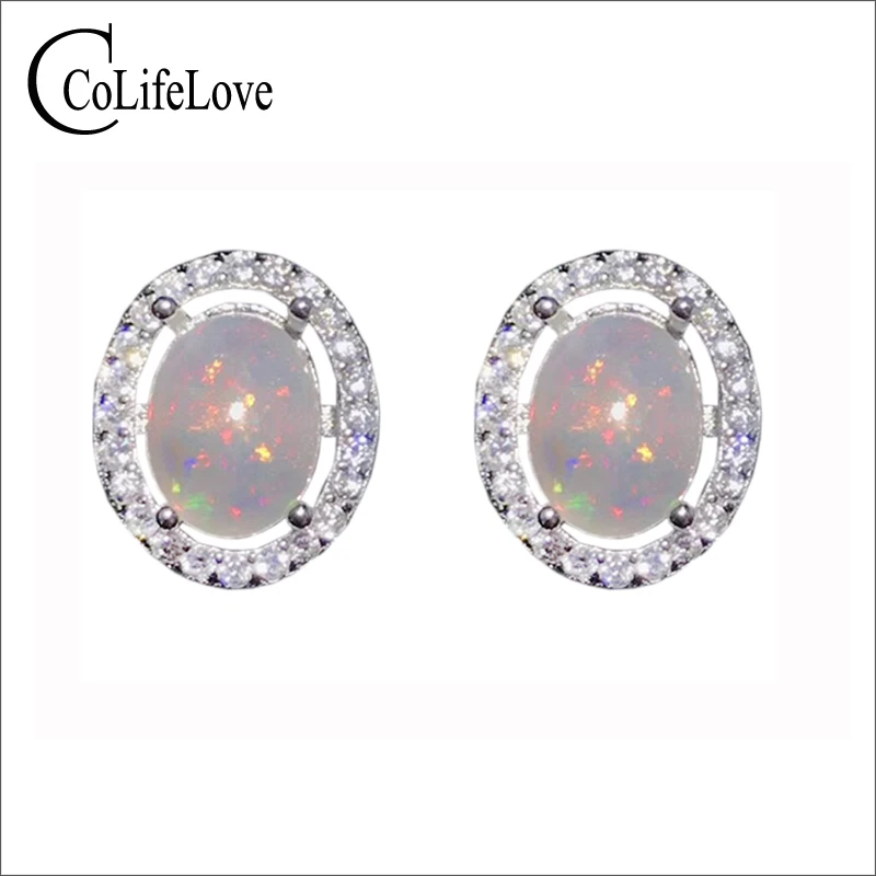 Женские классические серьги гвоздики с опалом овальные из натурального серебра