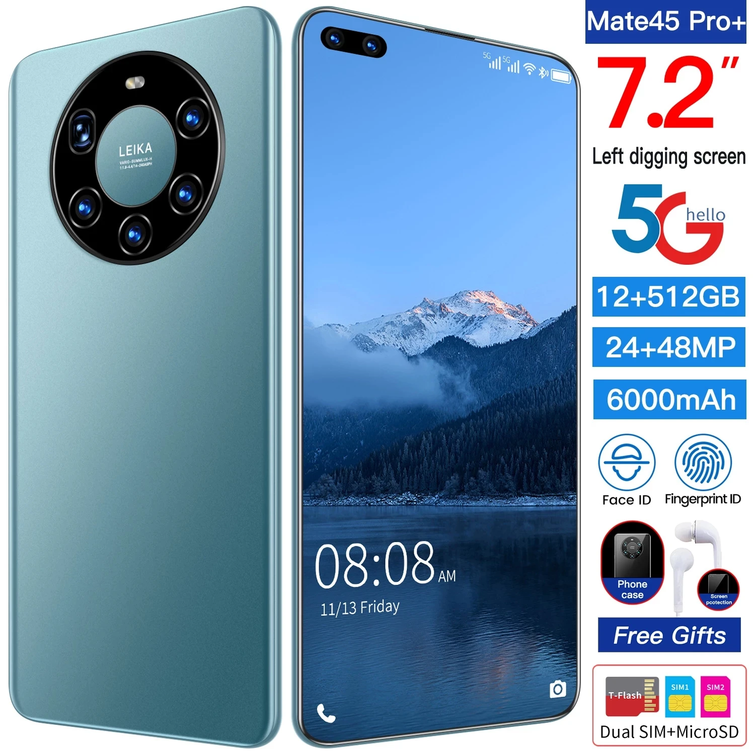

Global Version Mate45 Pro+ 7.2 Inch Smartphone Full Screen Octa Core 6000mAh 12GB 512GB 4G LTE 5G Network Mobile Phone