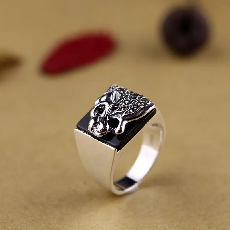 Sterling Vintage Men's Rings Natural Black Tiger Shape Pattern Design Male With Stones Turkey Jewelry Gift | Украшения и