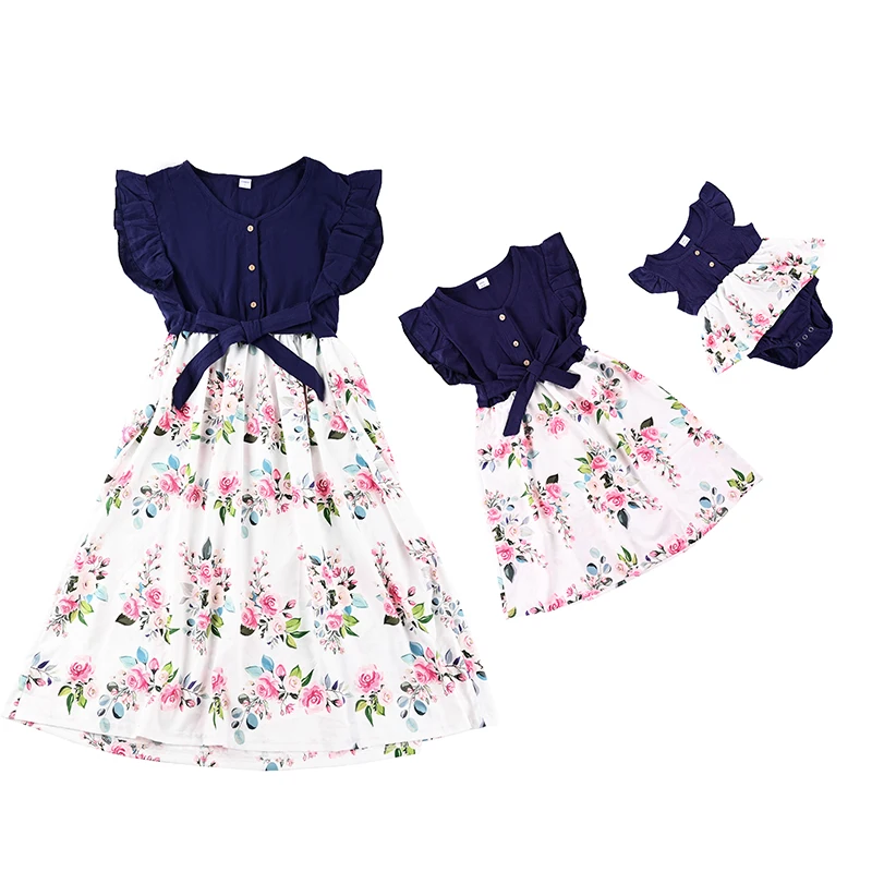 

Mother Daughter Baby Family Macthing Dresses Flower Printed Ruffles Floral Printed Mommy and Me Clothes Family Look Women Dress