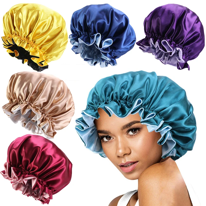 

Fashion Solid Women Satin Bonnet Stain Silky Big Bonnet for Lady Sleep Cap Headwrap Hat Hair Wrap Accessories Wholesale