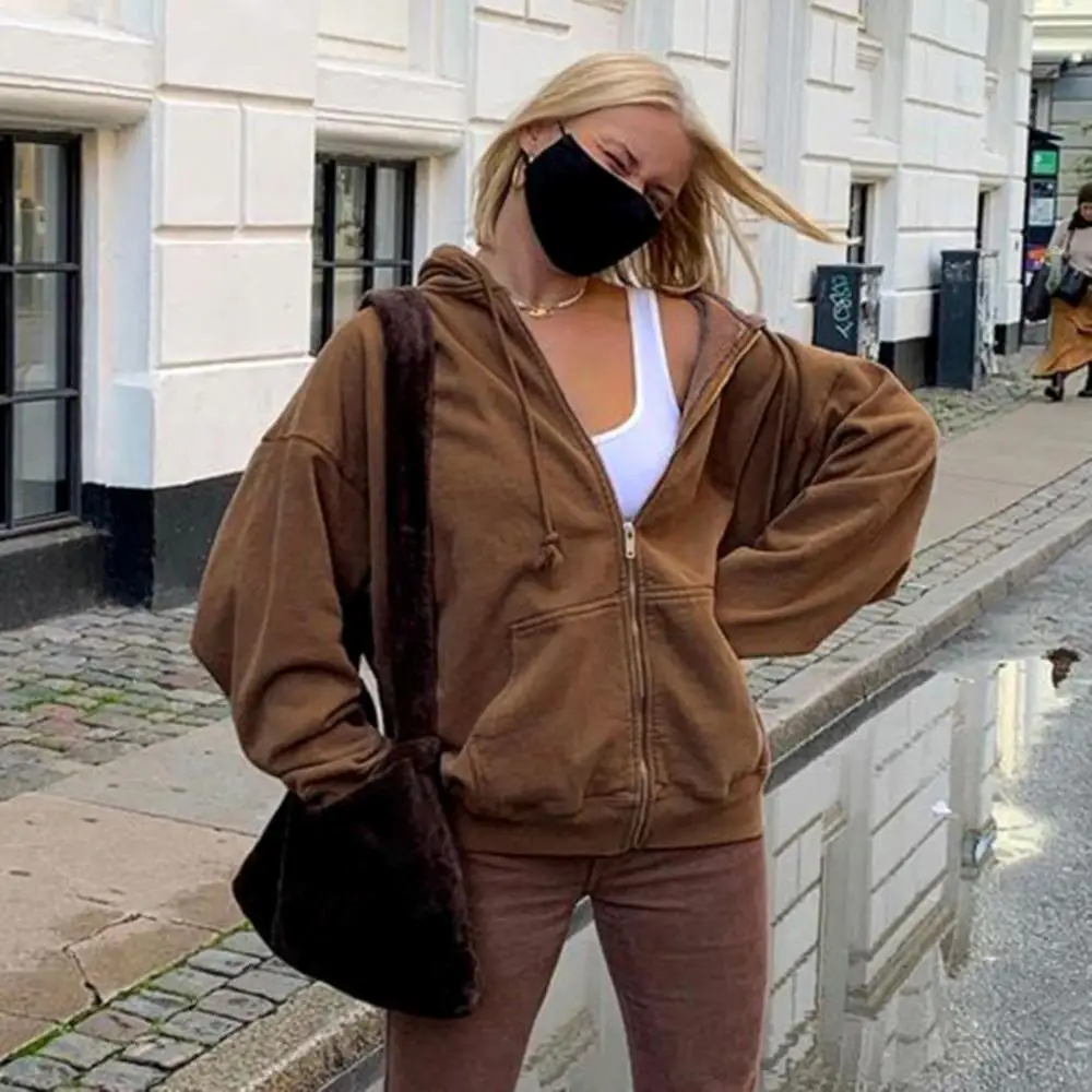 

2021 Hot Sale Women Autumn Long Sleeve Zipper Large Pockets Warm Hoodie Loose Coat Outerwear for Female