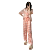 pink pajamas personality thin section comfortable breathable pajamas suit women casual printing lapel home service
