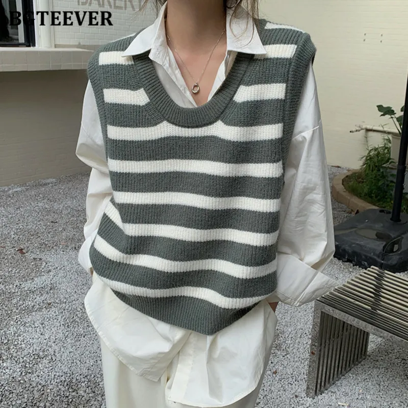 

Женский свитер в полоску BGTEEVER, осенне-зимний Свободный пуловер с круглым вырезом, повседневный трикотажный свитер без рукавов, 2021