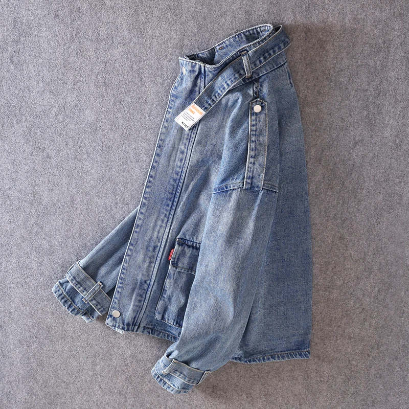 

Spring Autumn Men Denim Jacket Zipper Stand Collar Motorcycle Short Coat Loose Cycling Outerwear Solid Blue Fashion Streetwear