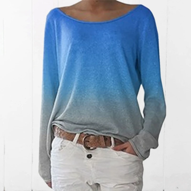 Женские блузки градиентного цвета с круглым вырезом и длинным рукавом женские