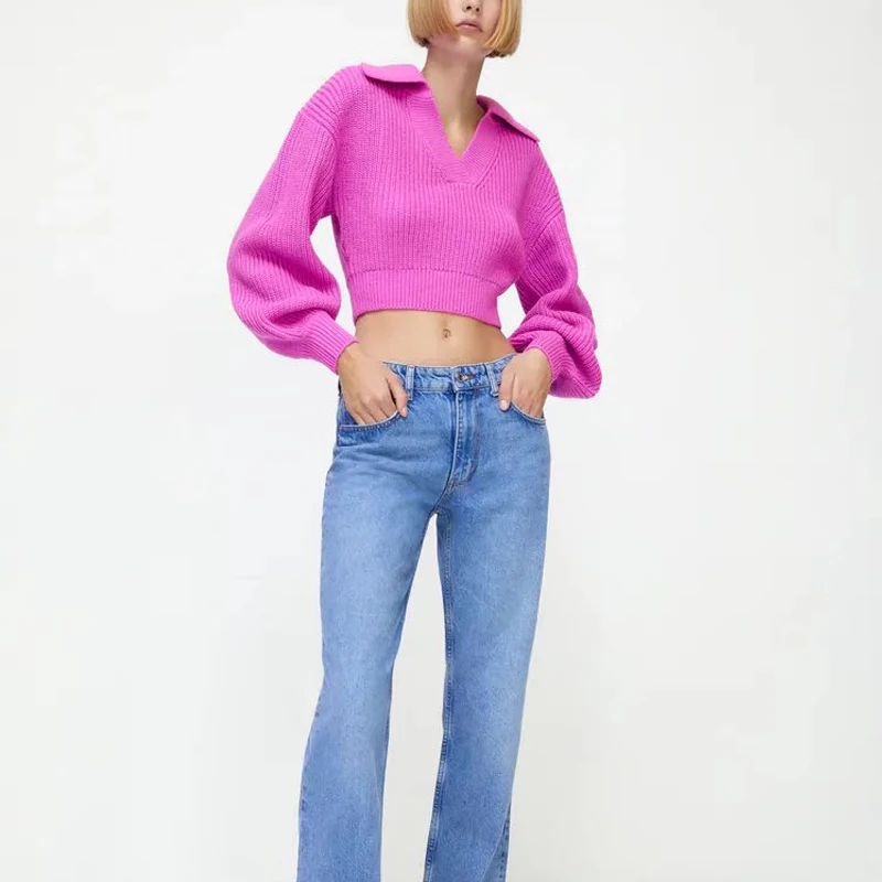 

Женский осенне-зимний Повседневный однотонный короткий свитер с V-образным вырезом и длинными рукавами