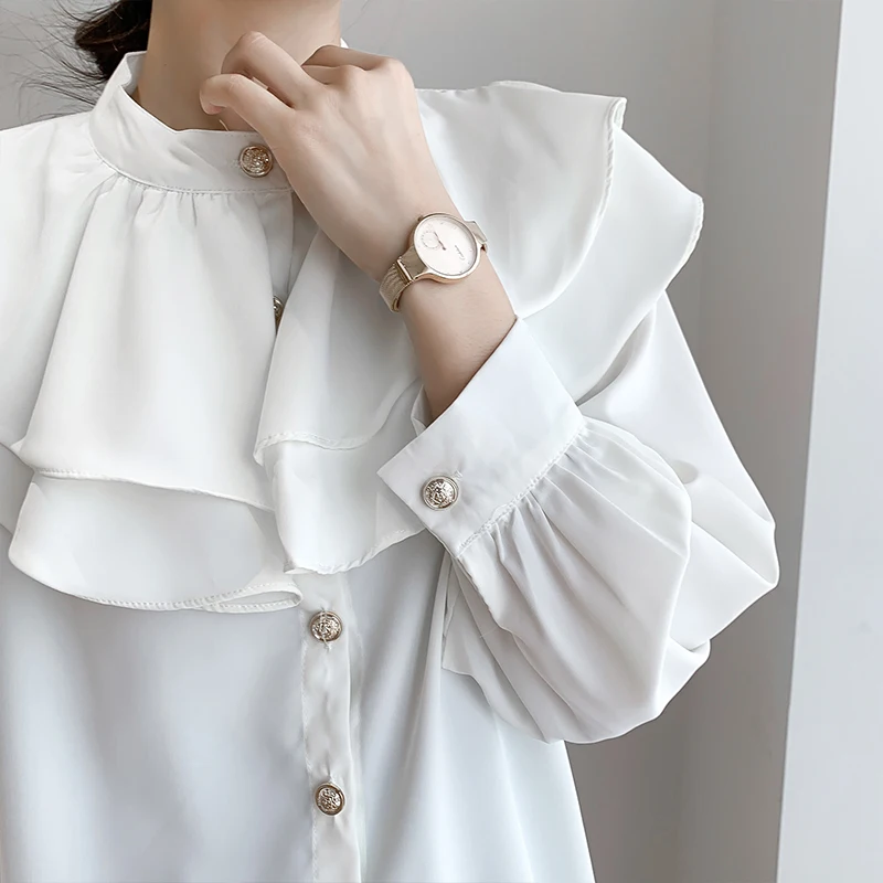 

Spring Fashion Office Lady Ruffled Chiffon Female Korean Version Of Solid Color Double-Collar Single Breasted Puff Sleeve Shirt