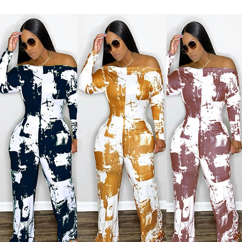 

2021 Fall Fashion Long Sleeve Straight Leg Pants Printed Jumpsuit Fashion Tie Dye Expanded Shoulder All-match Sexy Jumpsuit New