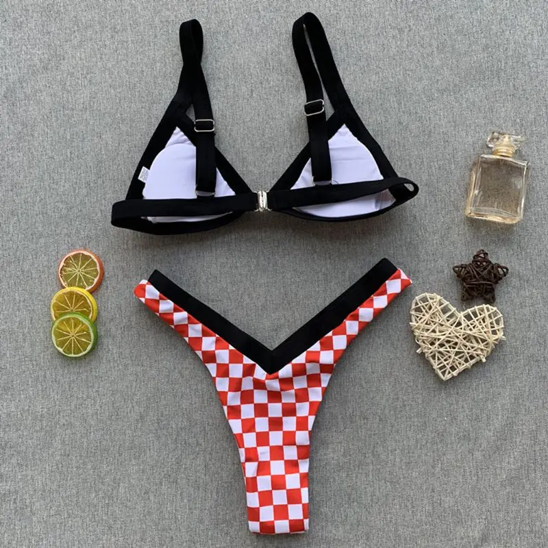 

40GC Women Sexy Two Piece Bikini Set Color Block Edge Padded Bra Vintage Plaid Leopard Printed Deep V-Neck Swimsuit Low Waist 7