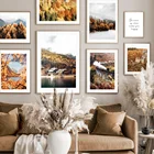 Осенний лесной мост, винтажный поезд, озеро, упавшие листья, скандинавский стиль, настенная живопись, холст, постеры и принты, декор для гостиной