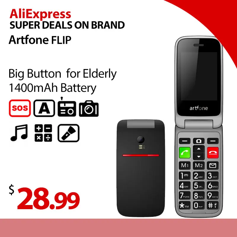 Artfone flip Big Button мобильный телефон для пожилых людей, разблокированный телефон для пожилых людей с кнопкой SOS, аккумулятор 1400 мАч