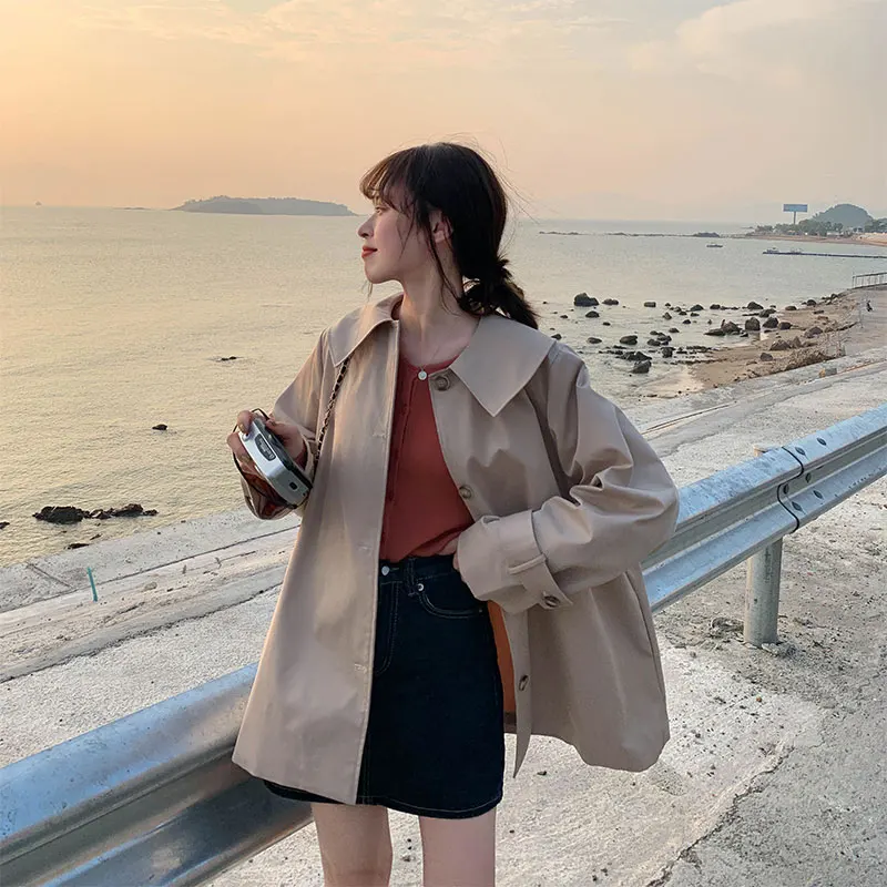 Женский Осенний корейский шикарный стиль однотонный плащ Женская ветровка