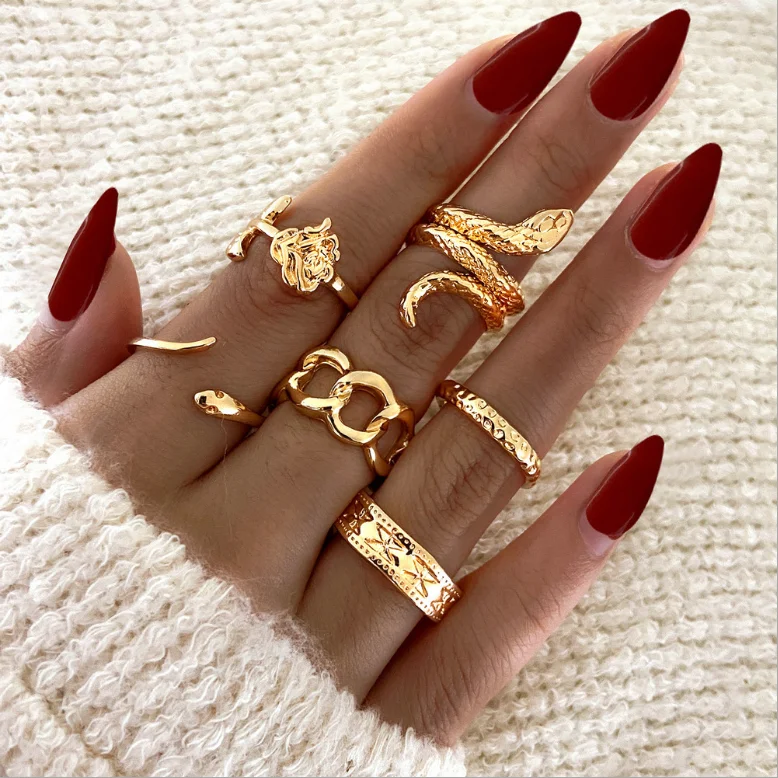 

2021 New Arrived Snake Ring 6 Piece Set Gold Rings Necklace for Women Jewelry