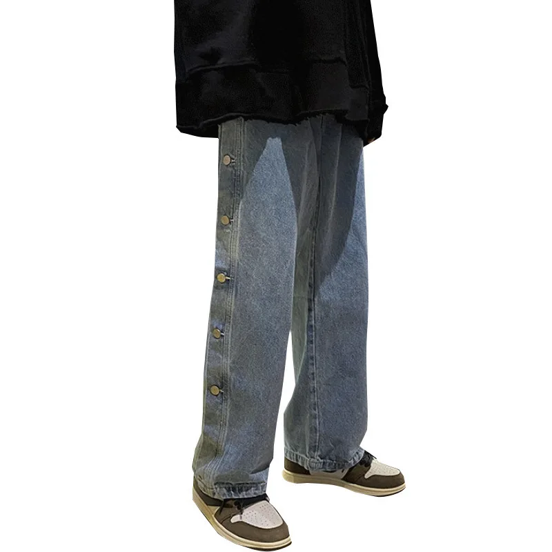 

Double Side Button Straight Jeans Men Fashion Streetwear Loose Casual Hip Hop Trousers Wide Leg Harajuku Cargo Pants