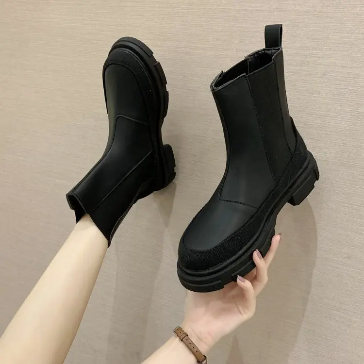 

women's 2020 British round head Chelsea red with sleeve boots boots with muffin thick bottom short boots
