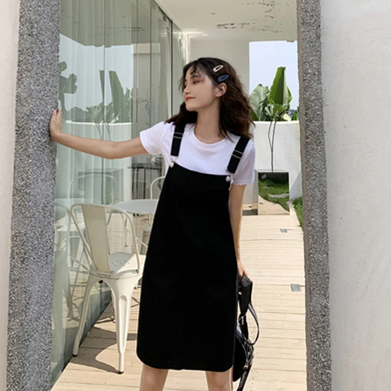 

2020 Korean Version Women's Denim Overalls + Thin Sloppy Skirt Girlfriend Skirt Pure Black And Yellow Wild College Style